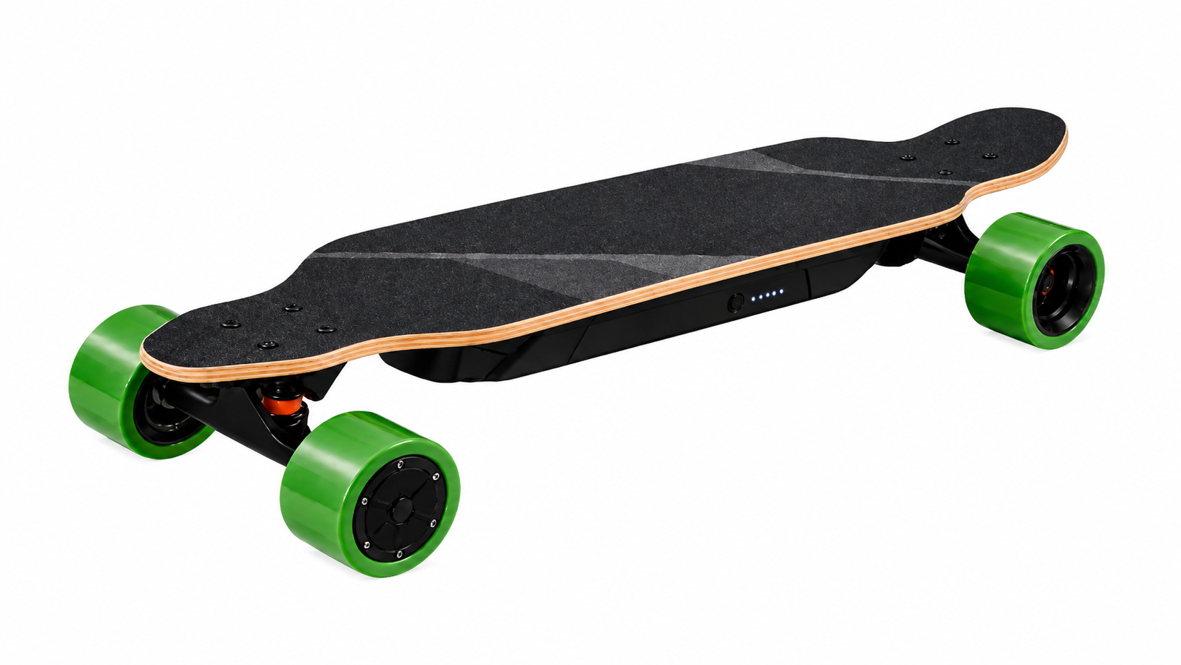 Black electric skateboard with green wheels